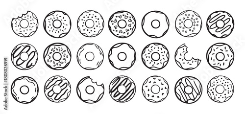 Doodle donuts set. hand drawn outline donut icons. Collection of cute doughnuts. Donut Doodles Sketch of cute donuts.