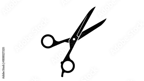 Vector illustration of open black scissors icon or silhouette, tool for cutting hair or paper, isolated on transparent background 