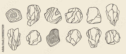 outline stones thin line art style. Black and white grunge crack, curls, waves. Abstract natural boho design.
