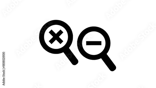Vector illustration of two magnifying glasses with zoom out and close symbols, representing search and removal, isolated on transparent background
