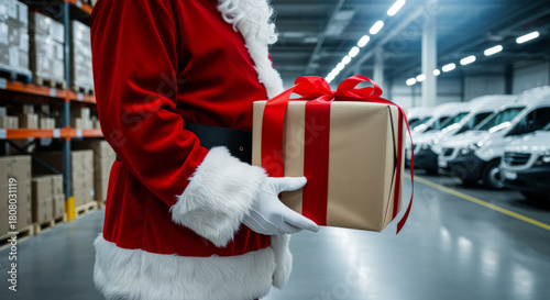 Santa holding big gift box with red ribbon bow before delivery vans. Holiday logistics and shipping. Christmas present packaging and commercial transportation.