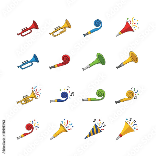 Collection of Colorful Party Horns and Trumpets for Celebrations.