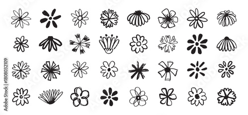 Flowers grunge brush doodle blossom icons set. Flowers Scribble ink hand drawn brush. Chamomile flowers markers crayons icons 