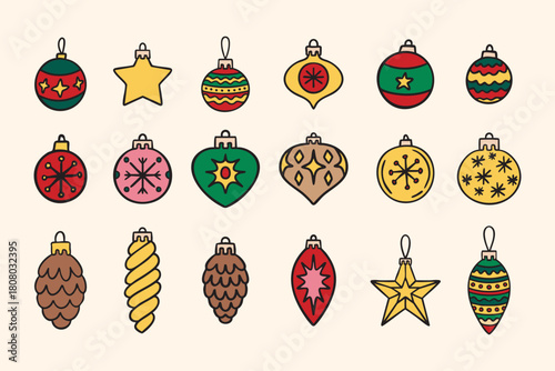 Assorted Christmas ornaments clipart set with balls, stars, pine cones and topper star, hand drawn.
