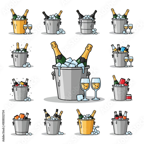 Collection of Champagne Buckets with Bottles and Glasses.