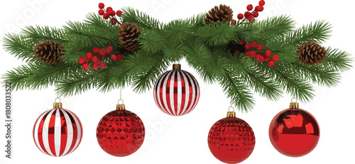 Festive Christmas Garland with Red Ornaments and Pine Cones, a Beautiful Holiday Decoration