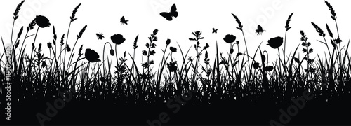 A black and white silhouette illustration of a field with wildflowers and butterflies under a clear sky