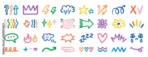 Random doodle small icons with hearts arrows checks and tears, hand drawn