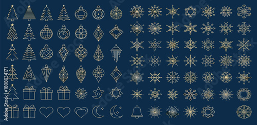 Golden line art icons for festive winter and Christmas. Diverse snowflakes, tree ornaments, gift boxes, and seasonal symbols for elegant minimalist designs