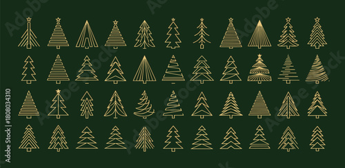 Set of Abstract Gold Christmas Tree Illustrations on Green Background