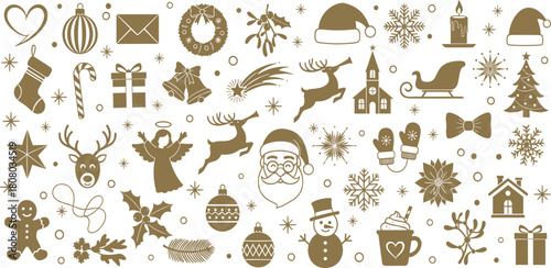 Elegant collection of gold Christmas holiday icons, a festive assortment of winter symbols for seasonal greetings