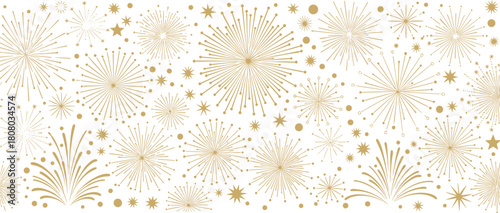 Elegant golden fireworks bursts and sparkling stars vector illustration forming a beautiful seamless pattern, perfect for festive celebrations, New Year's Eve, or special event backgrounds