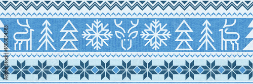Seamless border with snowflakes and deer and trees pattern, Scandinavian minimalist style, geometric vector ornament