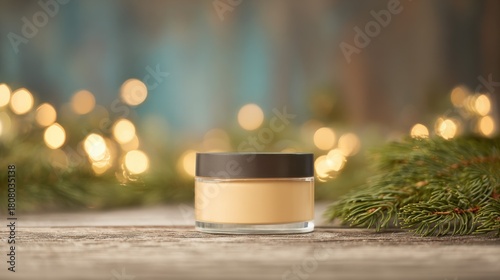 Cream Jar on Wooden Table with Christmas Lights and Pine