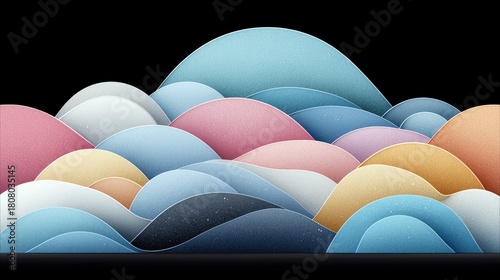 A visually appealing abstract background composed of layered, undulating shapes in soft pastel colors against a stark black backdrop.