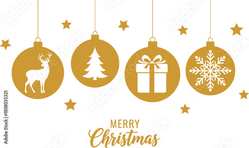 Festive golden Christmas ornament collection featuring classic holiday symbols like a majestic deer, evergreen tree, gift box, and intricate snowflake, ideal for seasonal design projects