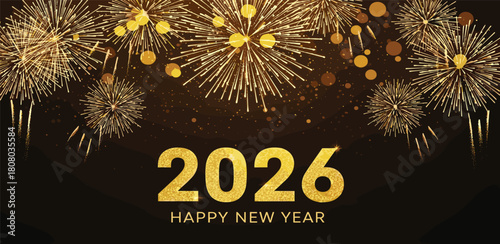 Sparkling golden fireworks illuminate the dark sky, celebrating the joyous arrival of the new year 2026 with an explosion of festive brilliance and a sense of fresh beginnings