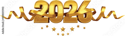 Golden number 2026 with elegant celebratory ribbons and sparkling stars, perfect for New Year's greetings, future events, and festive season designs, embodying prosperity and new beginnings