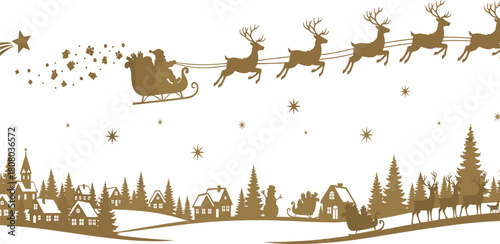 Santa Claus and His Reindeer Flying Over a Winter Village and Snowflakes at Christmas