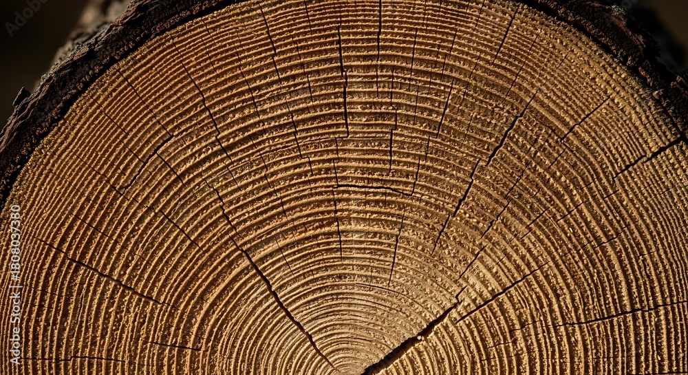 Naklejka premium Stunning close up of a freshly cut tree trunk showing the age rings and natural wood grain texture, perfect for backgrounds or nature-themed designs