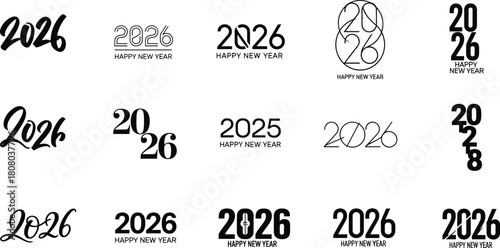 Collection of Happy New Year 2026 typographic logos and text designs in various styles and fonts