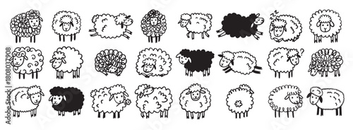 Doodle hand drawn funny cute sheep outline set. Drawing sheep