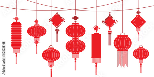 collection of traditional red Chinese lanterns hanging against a white background, symbolizing celebration and good fortune