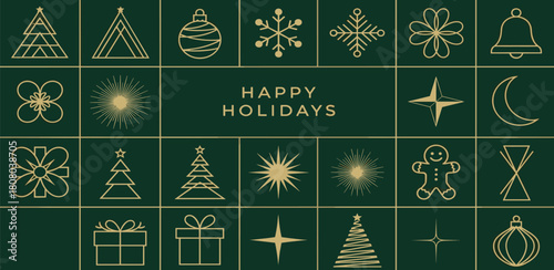 Modern Geometric Happy Holidays Banner with Golden Line Art Festive Icons on a Deep Green Background, Perfect for Seasonal Greetings and Celebrations
