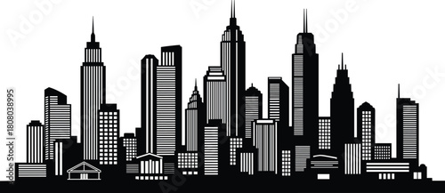 Black urban cityscape silhouette featuring tall skyscrapers and modern buildings, vector illustration isolated on white background for architecture and real estate design.