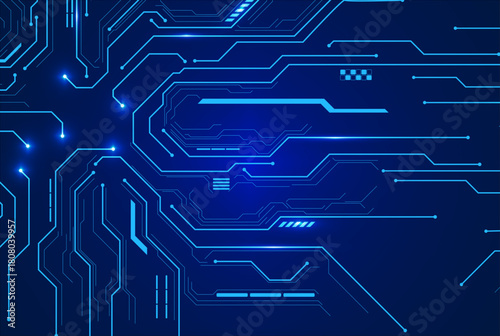 Tech Circuit Board Layout with Blue Neon Glow. High-tech PCB layout with bright neon center light and smooth electronic line patterns.