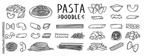 Pasta, spaghetti, vermicelli, macaroni feathers, horns, shells, butterflies doodle hand drawn icon set. Outline drawing wheat dough food line clipart symbol collection