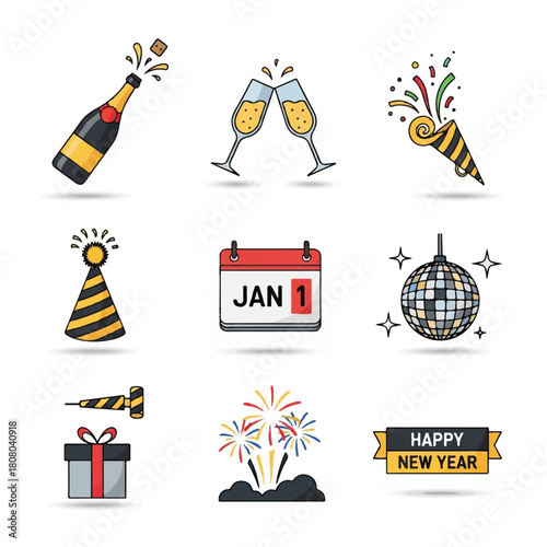 New Years Eve Celebration Icons: Champagne Calendar and Party Favors.