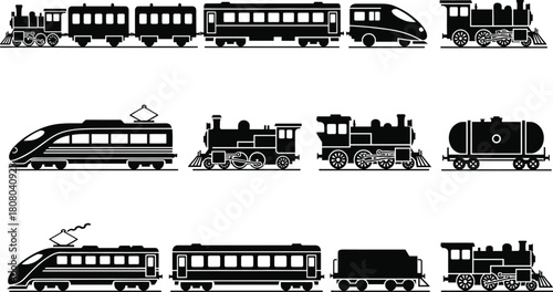 Collection of black train silhouettes including steam locomotives, modern high speed trains, and cargo wagons, vector illustration isolated on white background for transportation design.