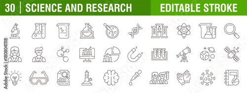 Collection of science and research icons. Laboratory, chemistry, microscope, education. Vector design template, signs, symbols, editable stroke.