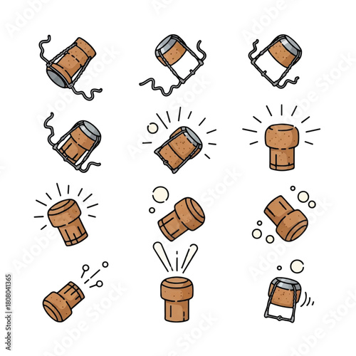 Collection of Champagne Corks Popping with Bubbles and Sparkling Effects.