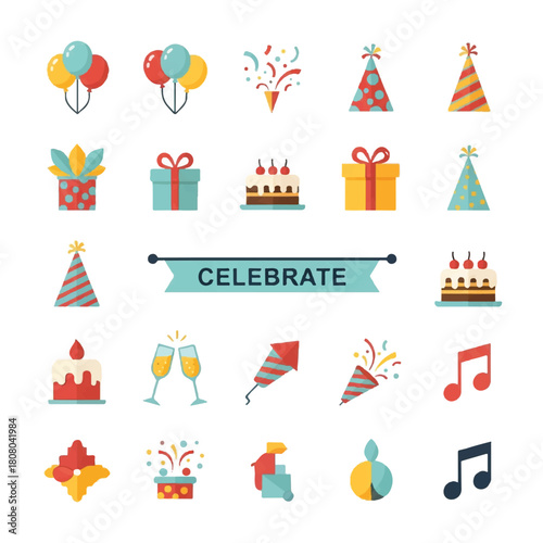 Colorful Celebration Icons: Balloons Gifts Cake and Party Favors.