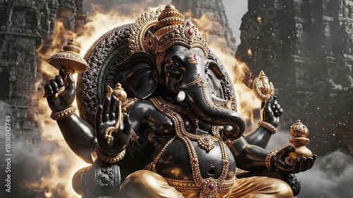 Majestic Black and Gold Lord Ganpati Sculpture with Fiery Aura and Ancient Temple Background 4K Animation for Ganesh Chaturthi Festival Celebrations and Religious