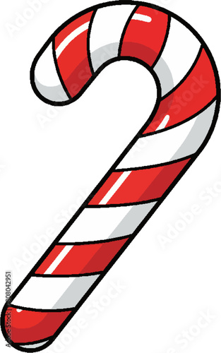 Simple cartoon drawing of a festive red and white striped candy cane. Classic holiday sweet treat icon for Christmas and winter celebrations