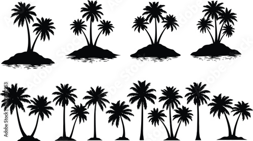 Collection of palm tree silhouettes on tropical islands, vector illustration set, black and white summer beach design elements, coconut tree icons.
