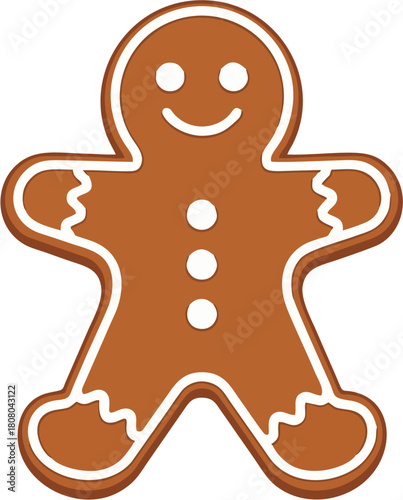 Detailed vector illustration of a traditional gingerbread man cookie with decorative white royal icing. A festive baked good for Christmas holiday celebrations