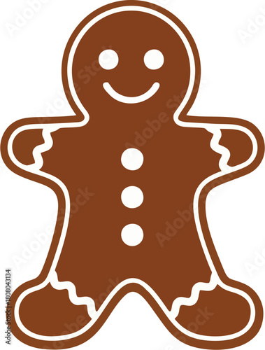 Simple illustration of a smiling gingerbread man cookie with icing details, isolated on white background, festive treat