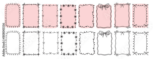 hand drawn doodle pink cute borders for wedding invitation with bows, quirky trendy whimsical frames for girl birthday, wavy borders. Empty cute line frames