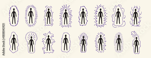 Set of human silhouettes with colorful auras in various line styles, esoteric mystical design, hand drawn