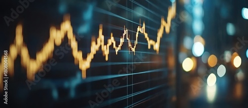 Financial market data graph showing upward trend at night.