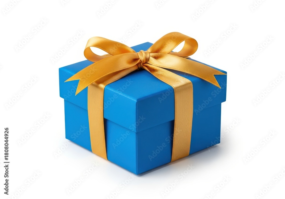 Obraz premium Bright blue square package wrapped with shiny golden ribbon and tied with a neat bow