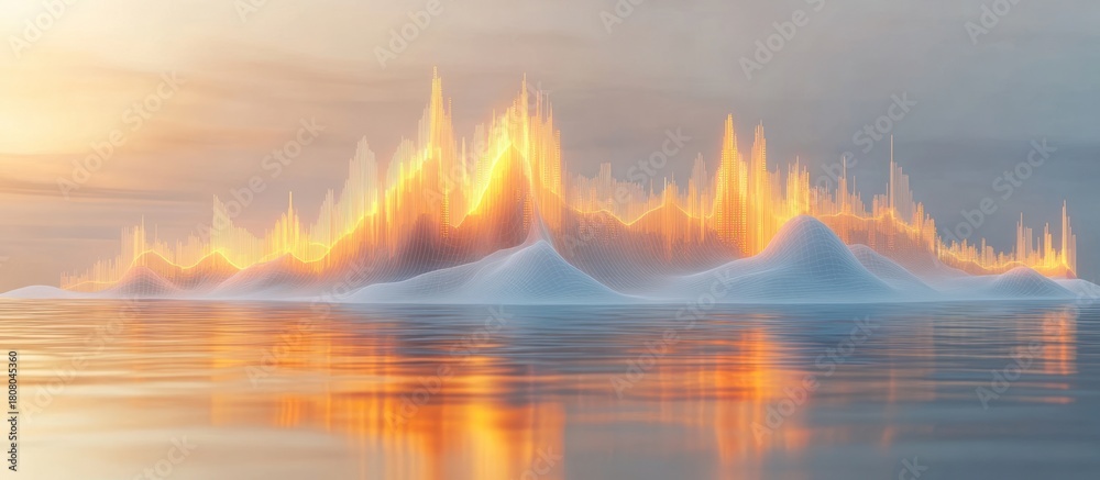 Fototapeta premium Surreal fiery landscape reflecting on calm water at sunset.