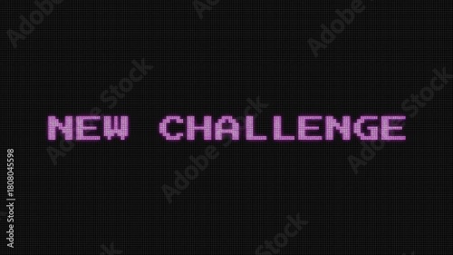 Retro 8-bit “NEW CHALLENGE” glitch text with pixel distortion on a dark background, perfect for gaming intros, level transitions, and dynamic challenge screens.
