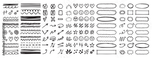 doodle underline emphasis scribble elements line hand drawn set. doodle brush shapes stroke highlight sparkle and arrow elements. childish drawing kids style.