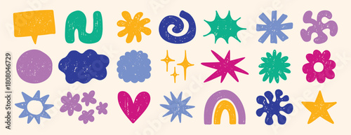Funky cute shapes and figures crayon texture set. Brutal contemporary colorful retro star figures, flower, sun. Hand drawn primitive geometric elements.