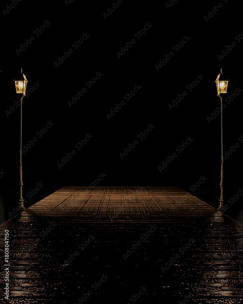Fototapeta premium A dimly lit wooden pier stretching into the darkness with illuminated lampposts on each side